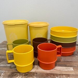 VNTG 70s TUPPERWARE Harvest Cups Bowls Canisters Orange Brown Green Yellow 10pc